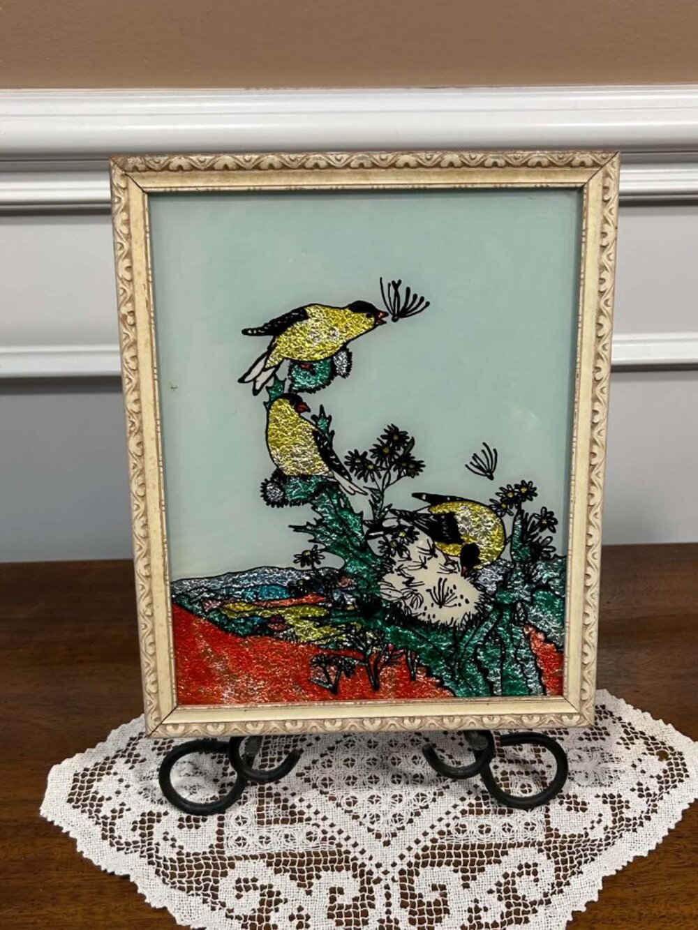 Vintage MCM Goldfinch Reverse Foil Artwork 9”x11”